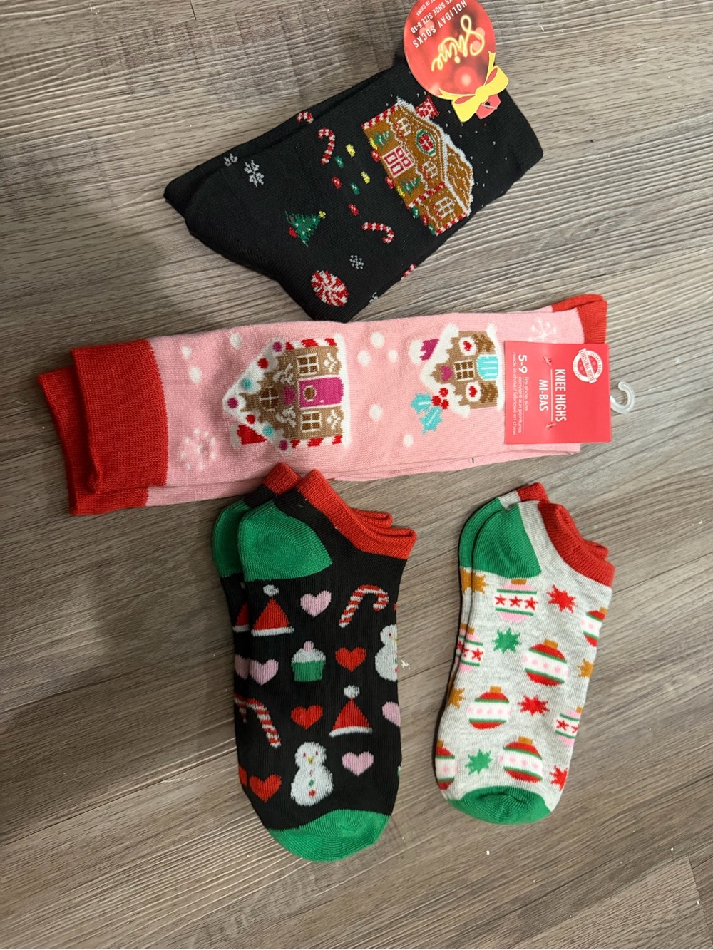 Holiday Gingerbread & Festive Christmas Socks - Pink, Black, Green, White